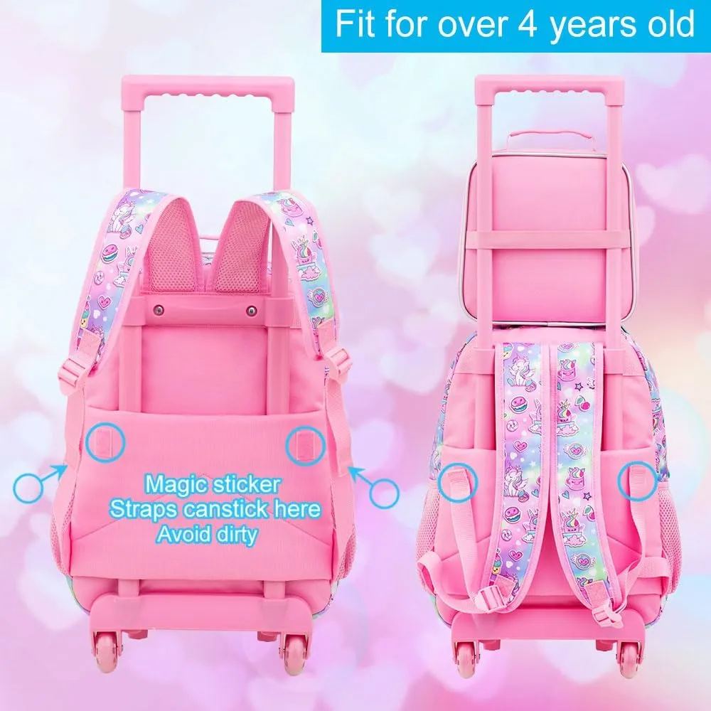 3PCS Rolling Backpack for Girls Boys, Kids Roller Wheeled Bookbag with Lunch Box, Backpacks with Wheels for Elementary