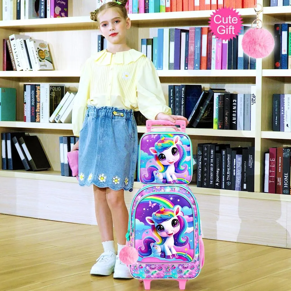 3PCS Rolling Backpack for Girls Boys, Kids Roller Wheeled Bookbag with Lunch Box, Backpacks with Wheels for Elementary