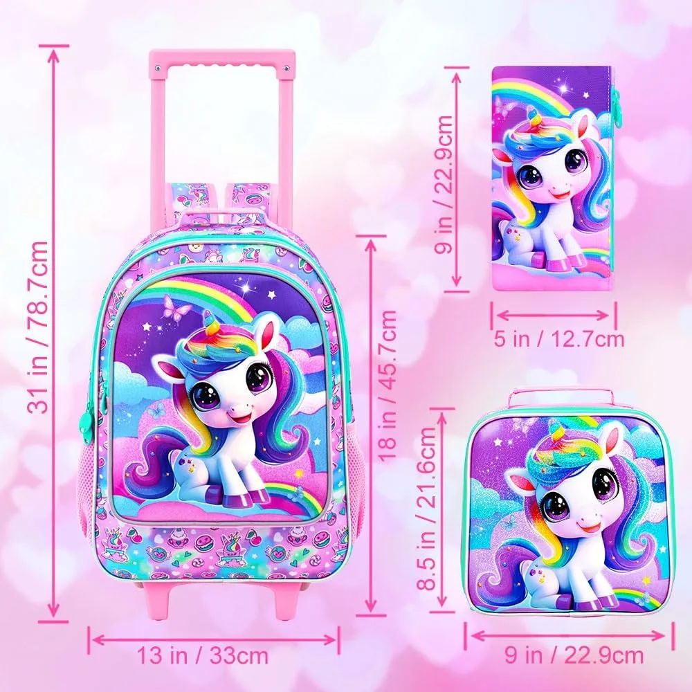 3PCS Rolling Backpack for Girls Boys, Kids Roller Wheeled Bookbag with Lunch Box, Backpacks with Wheels for Elementary