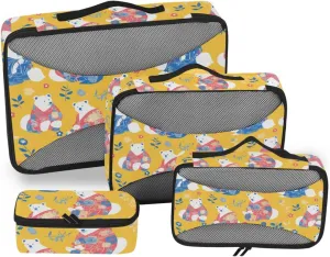 4 Pcs set bag organizer insert Mesh Travel Essentials Japanese Style Polar Bears expandable compression packing cube