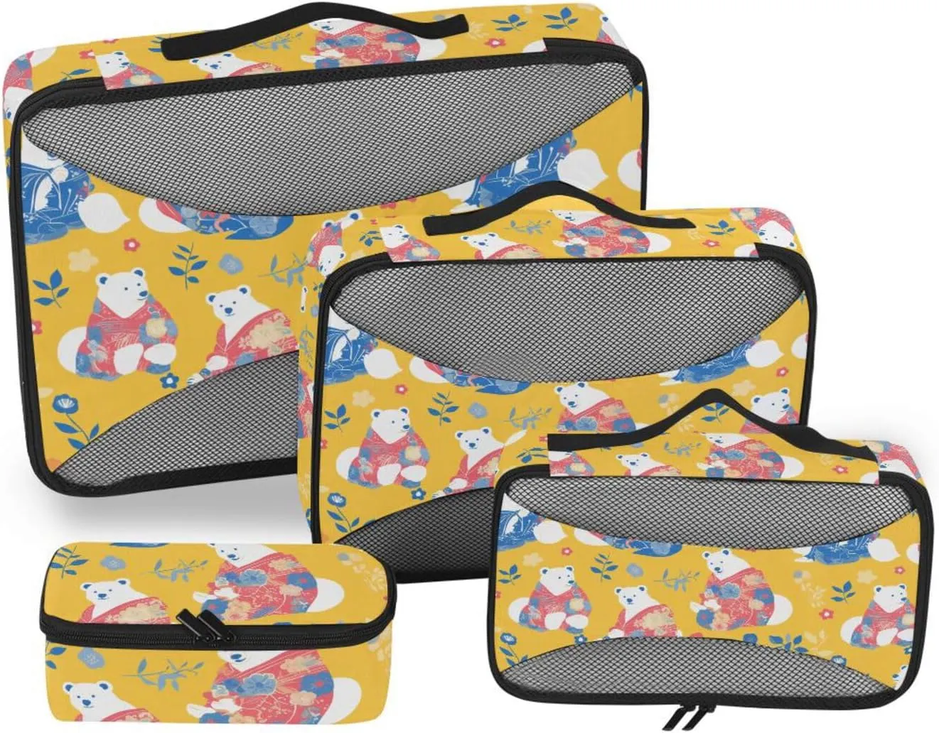 4 Pcs set bag organizer insert Mesh Travel Essentials Japanese Style Polar Bears expandable compression packing cube
