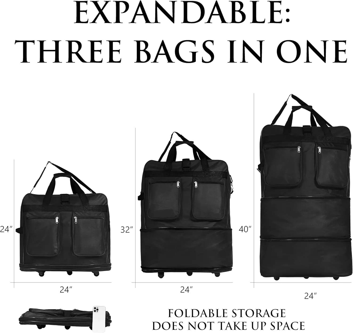 40"" Navy Blue Large Expandable Rolling 6 Wheeled Duffel Bag Spinner Suitcase Luggage (Black), BLK1PK40
