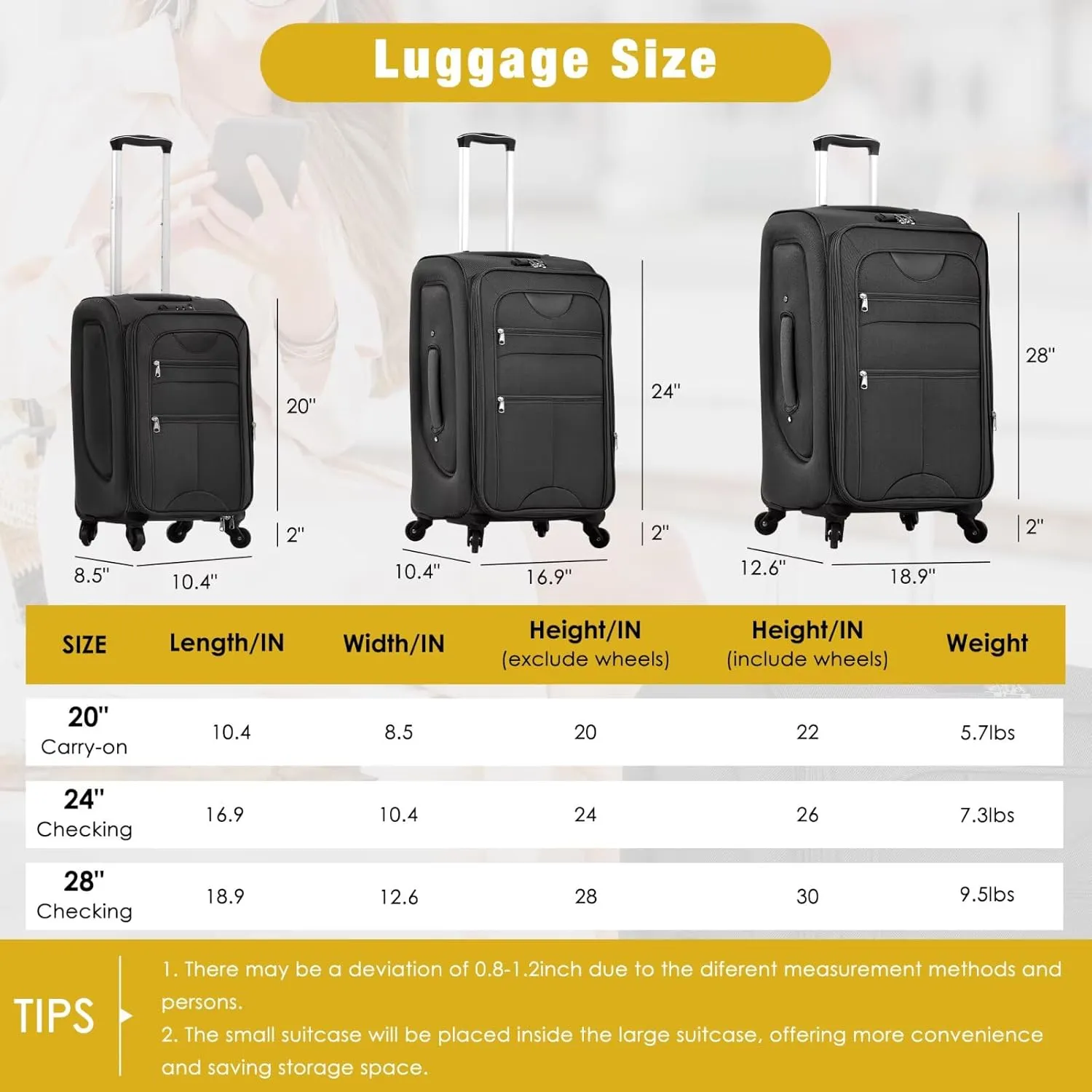 5-Piece Luggage Set Airline Approved with Duffel Bag, Black Softshell Suitcases with Spinner Wheels, TSA Lock, Durable Waterproof Travel Luggage (Black, 20" 24" 28")