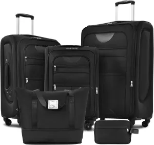 5-Piece Luggage Set Airline Approved with Duffel Bag, Black Softshell Suitcases with Spinner Wheels, TSA Lock, Durable Waterproof Travel Luggage (Black, 20" 24" 28")