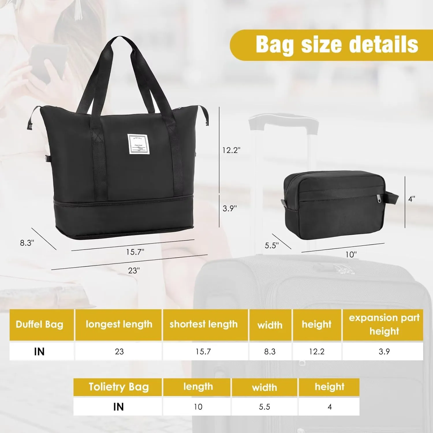 5-Piece Luggage Set Airline Approved with Duffel Bag, Black Softshell Suitcases with Spinner Wheels, TSA Lock, Durable Waterproof Travel Luggage (Black, 20" 24" 28")