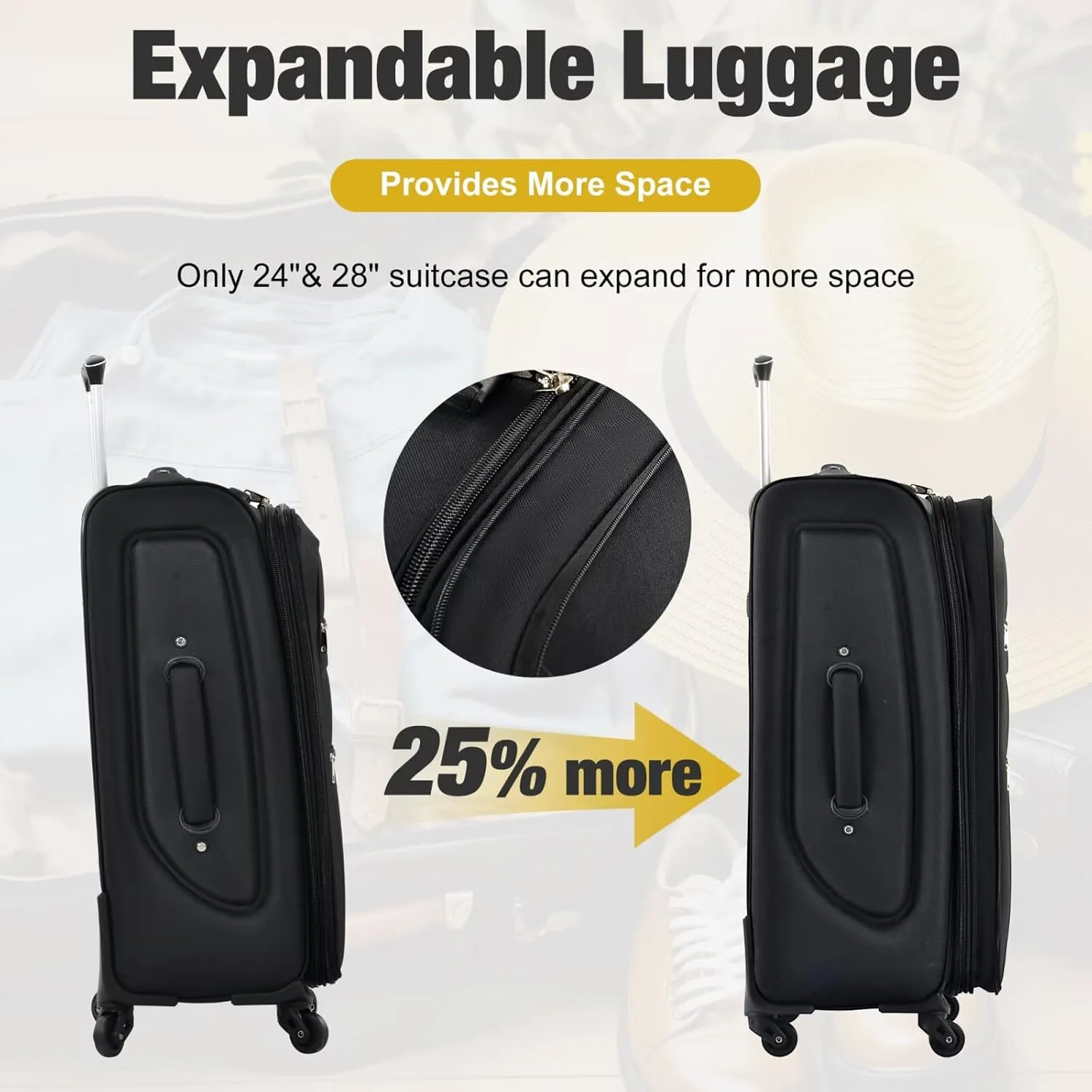 5-Piece Luggage Set Airline Approved with Duffel Bag, Black Softshell Suitcases with Spinner Wheels, TSA Lock, Durable Waterproof Travel Luggage (Black, 20" 24" 28")