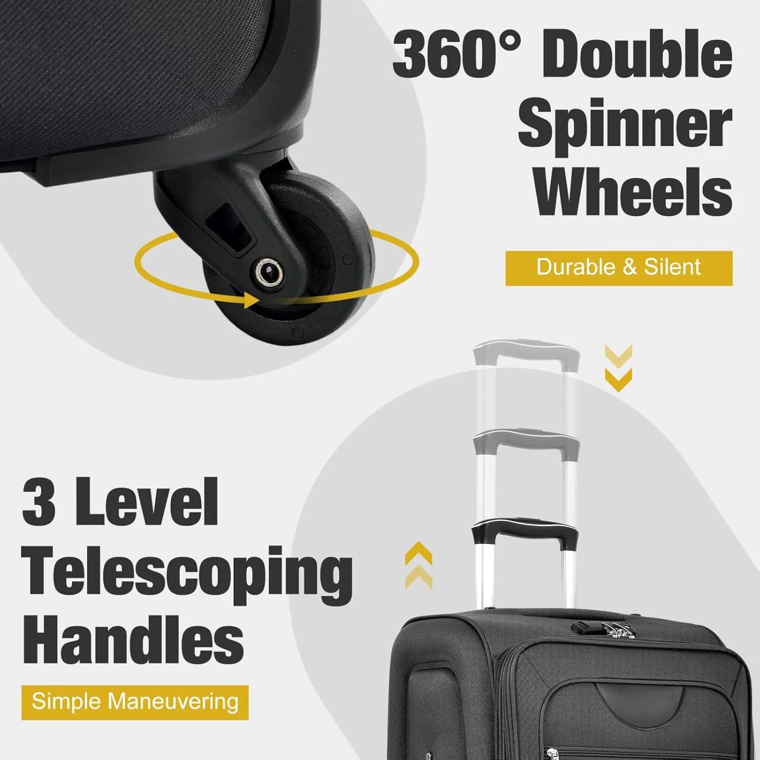 5-Piece Luggage Set Airline Approved with Duffel Bag, Black Softshell Suitcases with Spinner Wheels, TSA Lock, Durable Waterproof Travel Luggage (Black, 20" 24" 28")