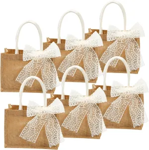 6 Pack Reusable Burlap Tote Bags - With Handles, White Silk Ribbons, Thank You Tags for Wedding, Bridesmaid, Bachelorette Party Gifts - 9*6.7*4.3 Inches
