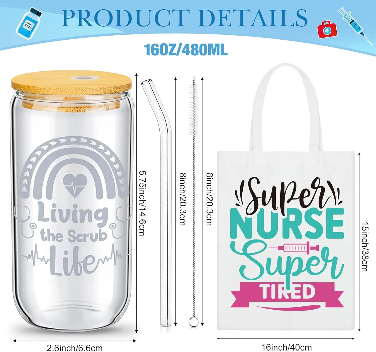 6 Sets Nurse Appreciation Gift Tote Bag Bulk 16 oz Glass Cups with Lid and Straw Nurses Week Gift
