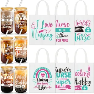 6 Sets Nurse Appreciation Gift Tote Bag Bulk 16 oz Glass Cups with Lid and Straw Nurses Week Gift