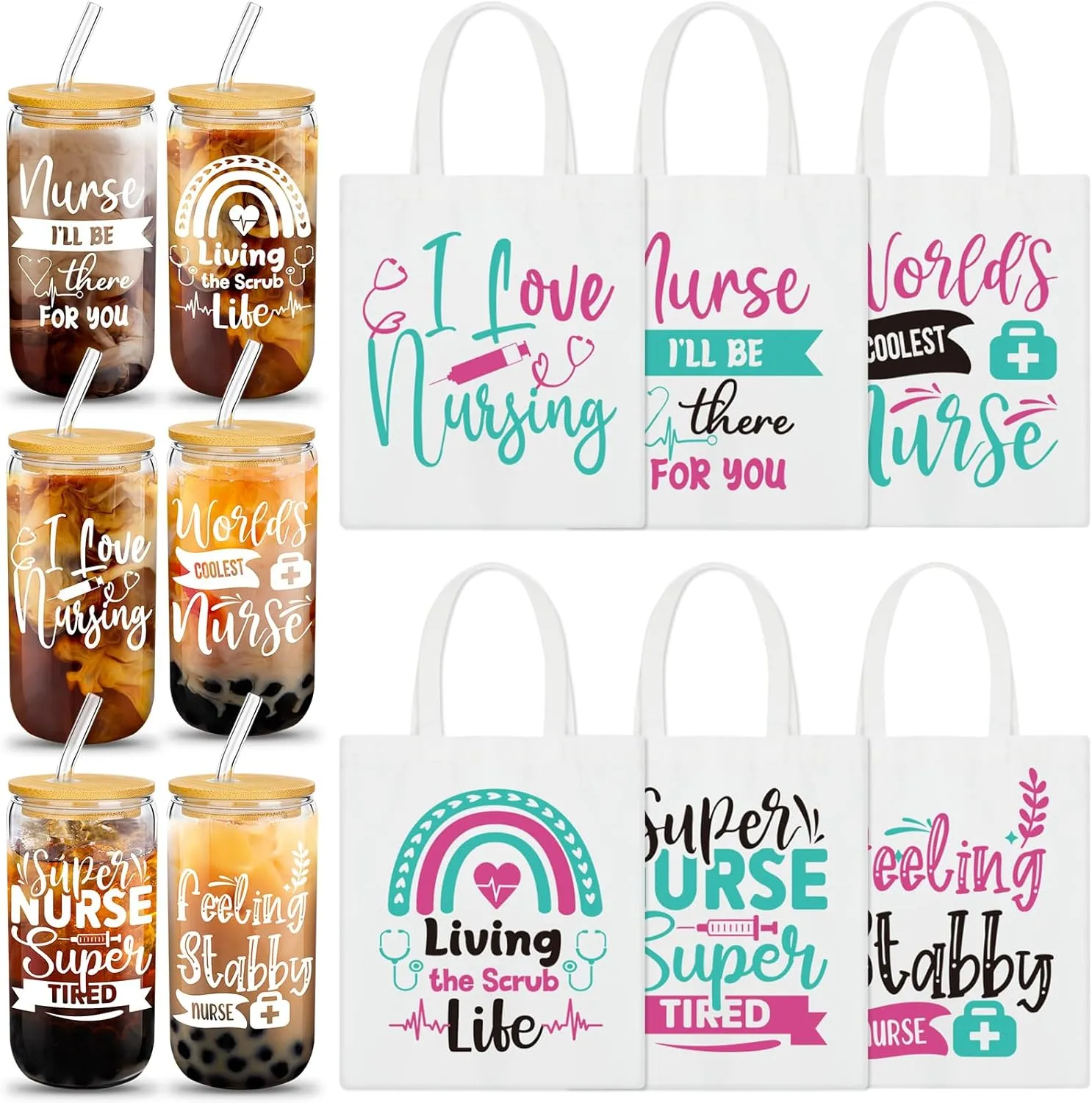 6 Sets Nurse Appreciation Gift Tote Bag Bulk 16 oz Glass Cups with Lid and Straw Nurses Week Gift