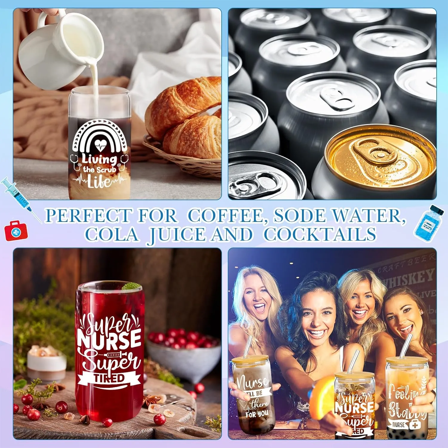 6 Sets Nurse Appreciation Gift Tote Bag Bulk 16 oz Glass Cups with Lid and Straw Nurses Week Gift