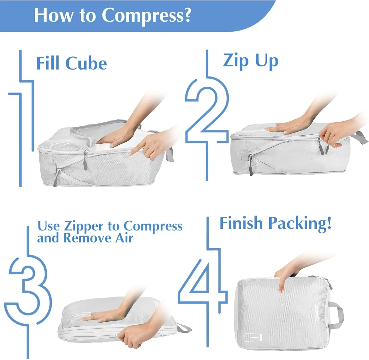 8 Set Expandable Compression Packing Cubes for Suitcases Travel Essentials Carry On Waterproof Storage Bag With Dry And Wet Separation Silvery