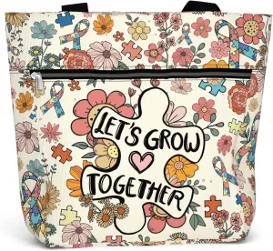 84hoods Large Tote Bag for Women for Work. Autism Awareness Ribbon Gift. Aesthetic Shoulder Bag with Pockets and Zipper.