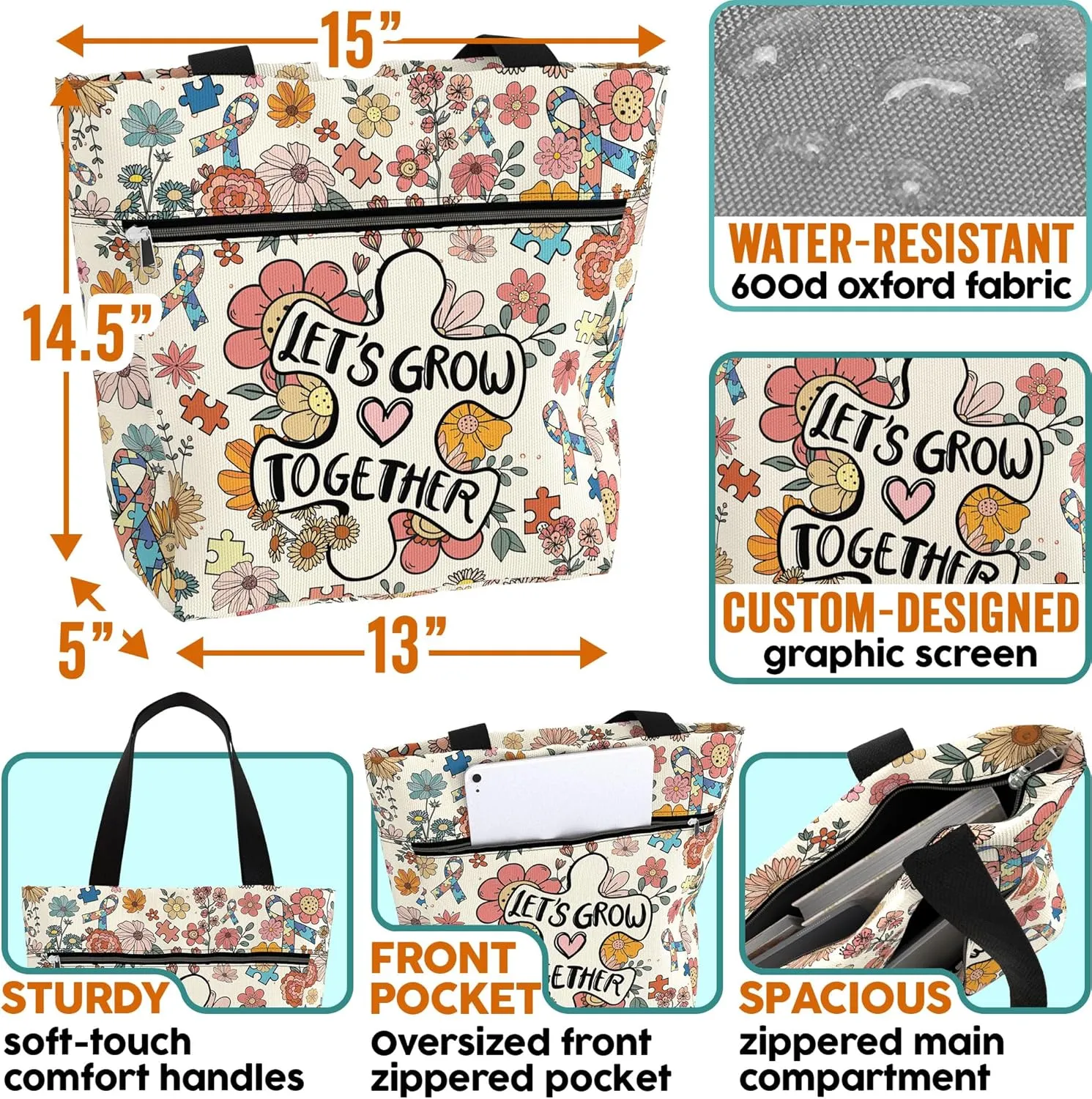 84hoods Large Tote Bag for Women for Work. Autism Awareness Ribbon Gift. Aesthetic Shoulder Bag with Pockets and Zipper.