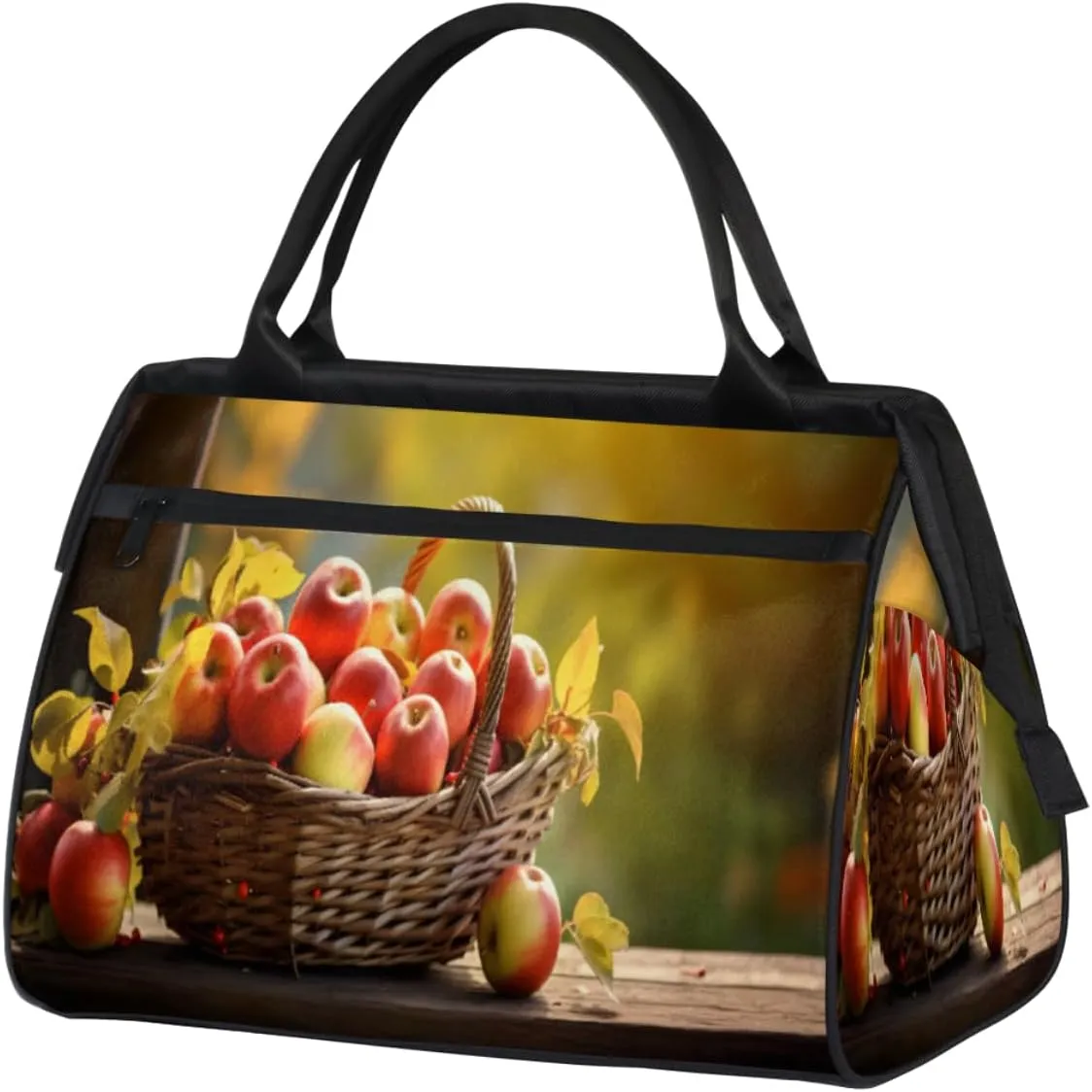 A Basket Apples Wooden Gym Bag for Women Men, Travel Sports Duffel Bag with Trolley Sleeve, Waterproof Sports Gym Bag Weekender Overnight Bag Carry On Tote Bag for Travel Gym Sport