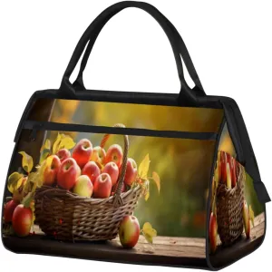 A Basket Apples Wooden Gym Bag for Women Men, Travel Sports Duffel Bag with Trolley Sleeve, Waterproof Sports Gym Bag Weekender Overnight Bag Carry On Tote Bag for Travel Gym Sport