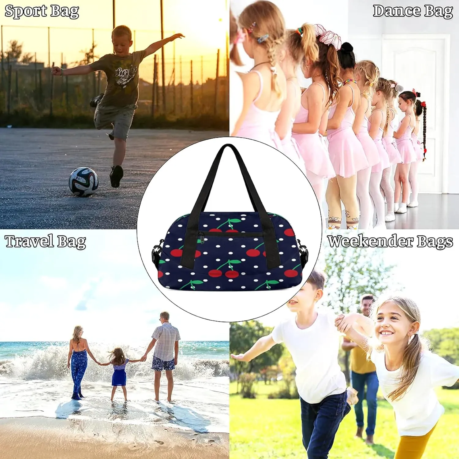 Abstract Cherry Pattern Kids Duffel Bag Lightweight Waterproof Sports Gym Bag with Front Zipper Pocket Foldable Weekender Overnight Bag for School Practice Gymnastic Ballet