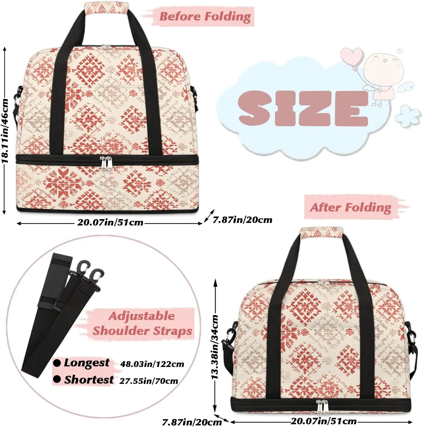 Abstract Flora Boho Prints Travel Duffle Bag, Collapsible Travel Bag Sports Gym Bag With Shoes Compartment Weekender Bag Overnight Bag For Women Men