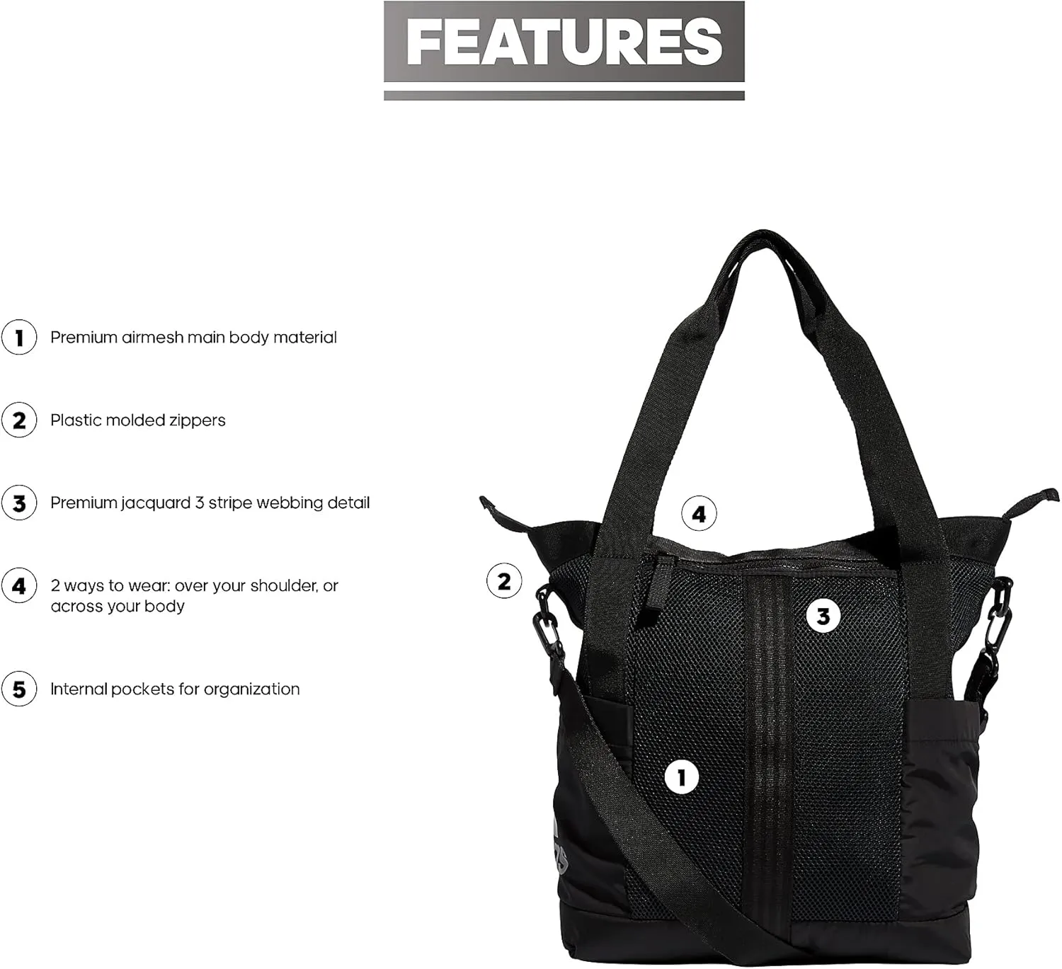 adidas All Me Tote for Women, Large Crossbody Bag with Shoulder Strap, Black, OSFA