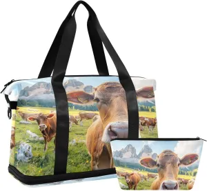 ALAZA Cattle Cow Farm Animal Travel Duffel Bag for Women Men Sports Gym Bag with Shoe Compartment Tote Weekender Overnight Bag with Wet Pocket for Travel, Gym,Yoga,Swimming