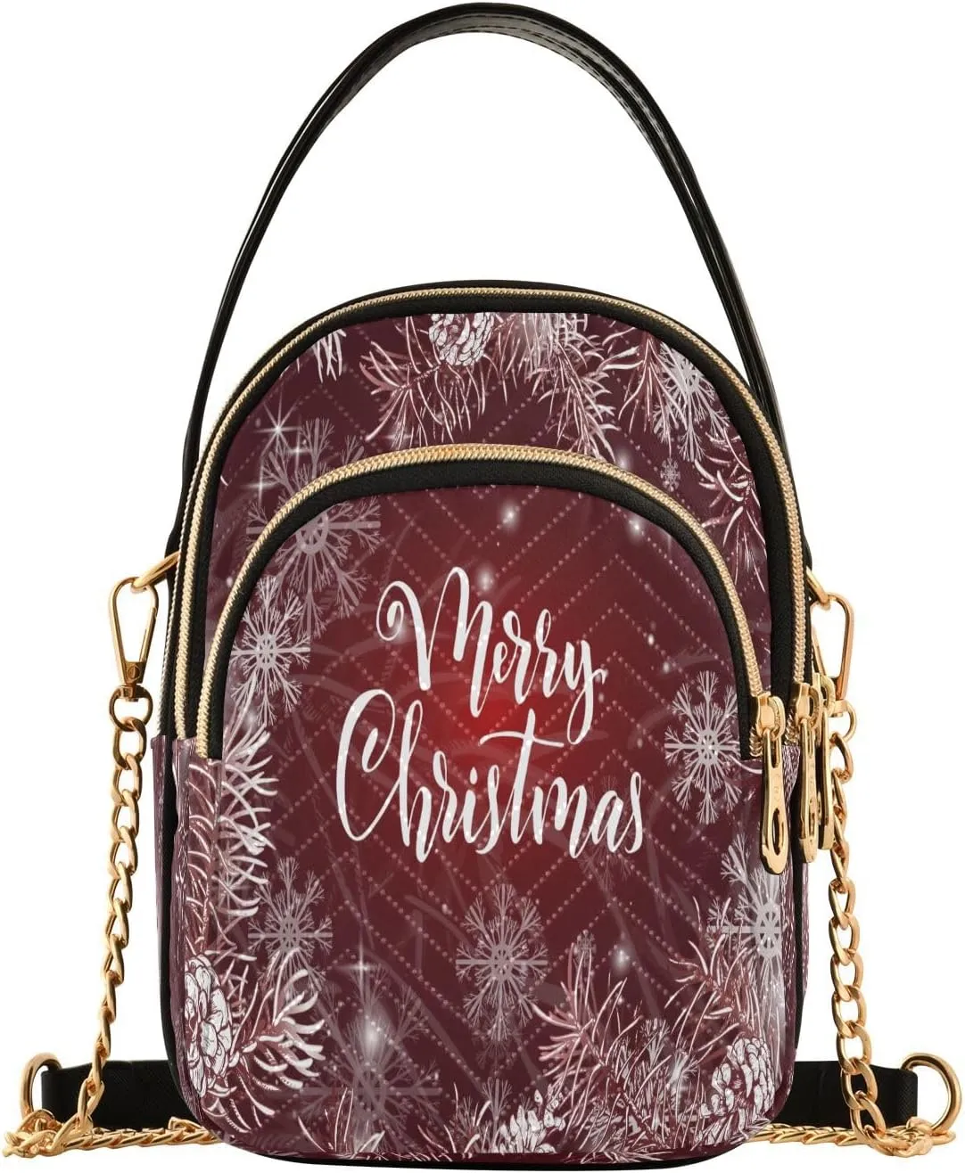 ALAZA Chain Crossbody Bags for Women Merry Christmas White Snowflakes Spruce Quilted Shoulder Crossbody Handbags Travel Cross Body Cell Phone Purses Bags