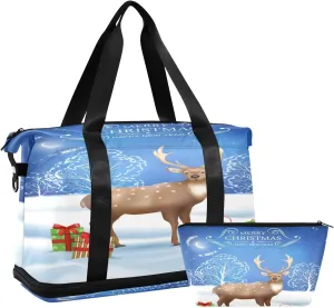 ALAZA Christmas Elk Deer Winter Travel Duffel Bag for Women Men Sports Gym Bag with Shoe Compartment Tote Weekender Overnight Bag with Wet Pocket for Travel, Gym,Yoga,Swimming