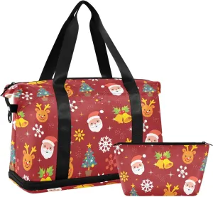 ALAZA Christmas Reindeer Santa Travel Duffel Bag for Women Men Sports Gym Bag with Shoe Compartment Tote Weekender Overnight Bag with Wet Pocket for Travel, Gym,Yoga,Swimming