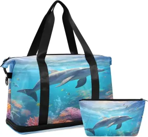 ALAZA Dolphin under The Sea Travel Duffel Bag for Women Men Sports Gym Bag with Shoe Compartment Tote Weekender Overnight Bag with Wet Pocket for Travel, Gym,Yoga,Swimming