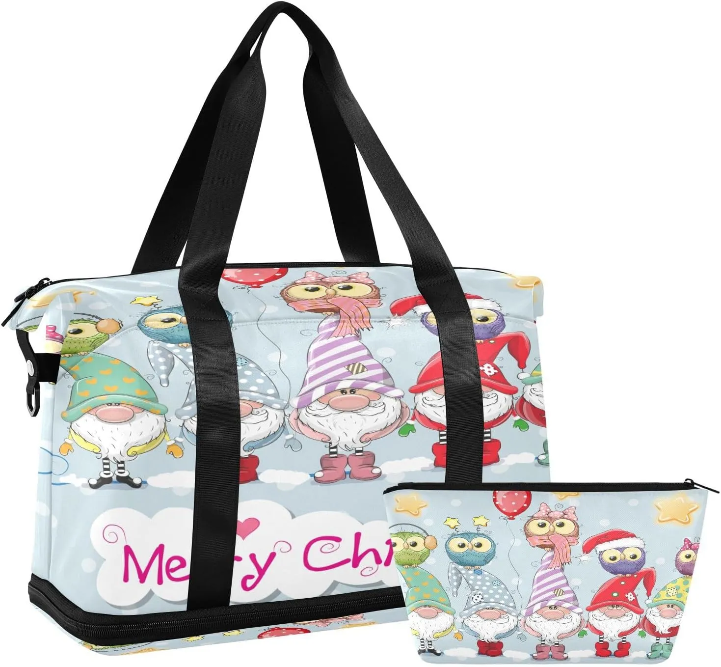 ALAZA Merry Christmas Traditional Dwarf Owl Travel Duffel Bag for Women Men Sports Gym Bag with Shoe Compartment Tote Weekender Overnight Bag with Wet Pocket for Travel, Gym,Yoga,Swimming