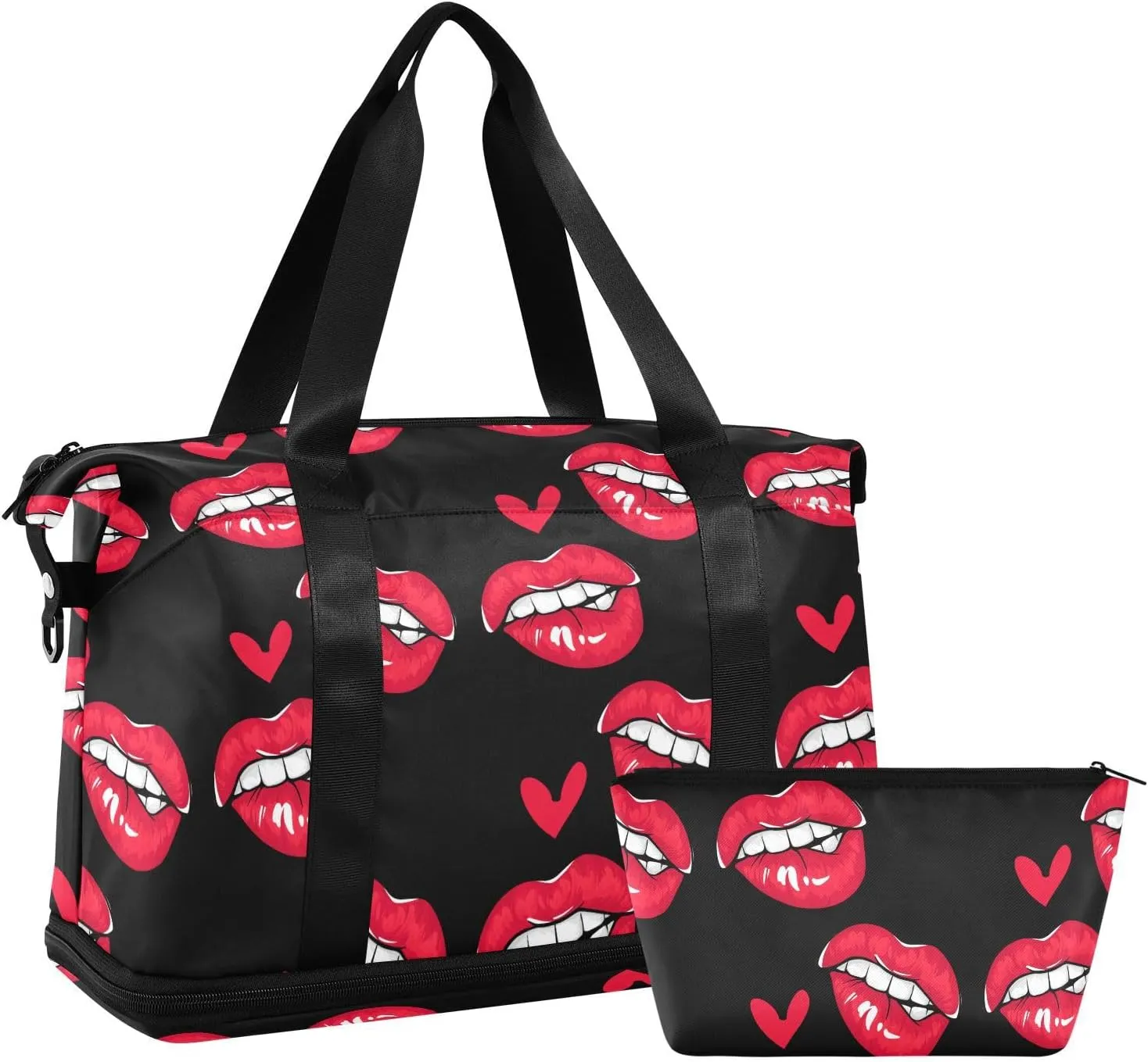 ALAZA Red Lips Love Hearts Travel Duffel Bag for Women Men Sports Gym Bag with Shoe Compartment Tote Weekender Overnight Bag with Wet Pocket for Travel, Gym,Yoga,Swimming