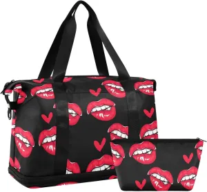 ALAZA Red Lips Love Hearts Travel Duffel Bag for Women Men Sports Gym Bag with Shoe Compartment Tote Weekender Overnight Bag with Wet Pocket for Travel, Gym,Yoga,Swimming