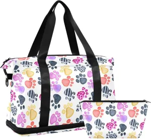 ALAZA Watercolor Dog Paw Footprint Travel Duffel Bag for Women Men Sports Gym Bag with Shoe Compartment Tote Weekender Overnight Bag with Wet Pocket for Travel, Gym,Yoga,Swimming