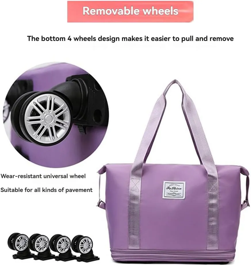 Ambitionous 2025 New Large Capacity Travel Bag - Universal Wheel Removable, Pepepo Travel Bag with Wheels, Foldable Dry Wet Separated Tote Bag with 360 Degrees Silent Universal Wheels (Dark Blue)