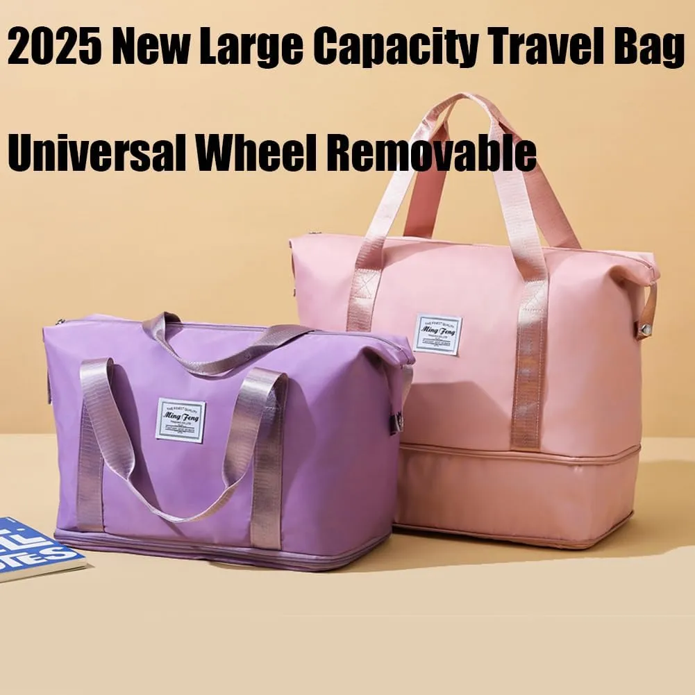 Ambitionous 2025 New Large Capacity Travel Bag - Universal Wheel Removable, Pepepo Travel Bag with Wheels, Foldable Dry Wet Separated Tote Bag with 360 Degrees Silent Universal Wheels (Dark Blue)
