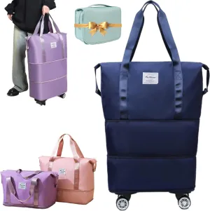Ambitionous 2025 New Large Capacity Travel Bag - Universal Wheel Removable, Pepepo Travel Bag with Wheels, Foldable Dry Wet Separated Tote Bag with 360 Degrees Silent Universal Wheels (Dark Blue)