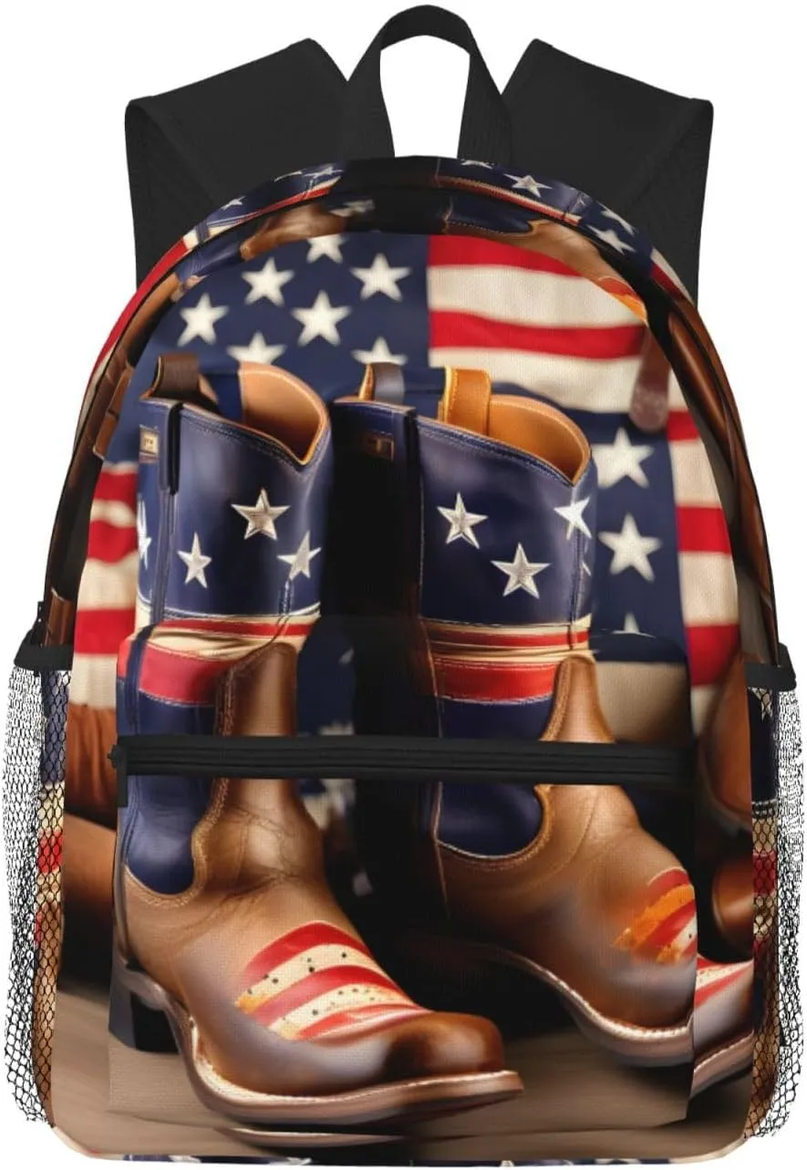 American Flag with Cowboy Boots print Lightweight and comfortable backpack Casual Laptop Backpack for Travel Hiking