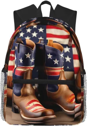 American Flag with Cowboy Boots print Lightweight and comfortable backpack Casual Laptop Backpack for Travel Hiking
