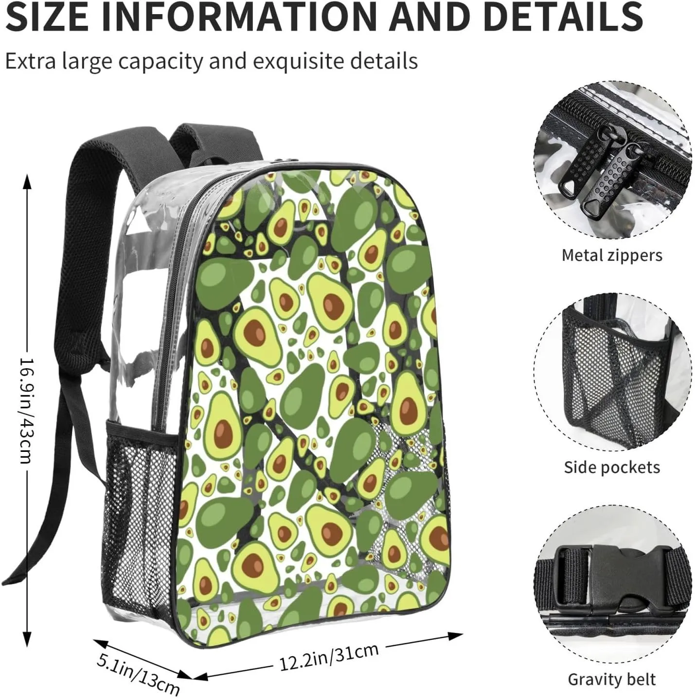 AMRANDOM Clear Backpack for Women Men Heavy Duty for Concert Work Sport Games Festival Venues (Avocado Pattern)
