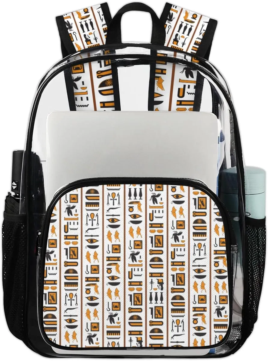 Ancient Egyptian Pattern Clear Backpack Ancient Egyptian Art PVC Transparent Backpacks Large See Through Bag for Women Men Security Stadium Work Travel Events Concert 17.7 IN