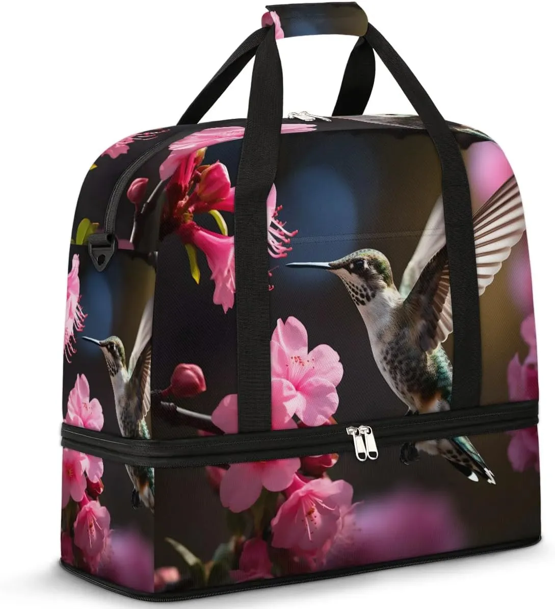 Animal Hummingbird Flower Travel Duffel Bag for Women Men Weekender Overnight Bag with Shoe Compartment Foldable Sports Gym Luggage Bag