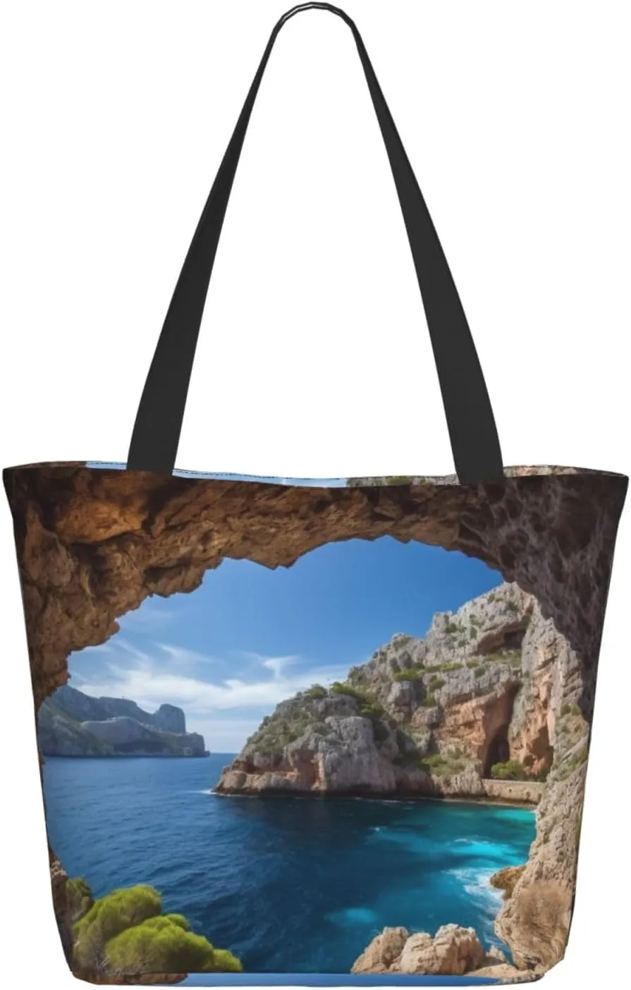 Arch in Mallorca Spain Tote Bag for Women Large Shoulder Bag with Zipper Travel Handbag with Pockets Reusable Shopping Bag Aesthetic Beach Bag