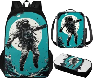 Astronaut Large School Backpack for Teen Boys 17 inch Bookbag for Teens 12-14 for Elementary Middle School Student Heavy Duty Kids School Bag Set with Lunch Box Pencil Case