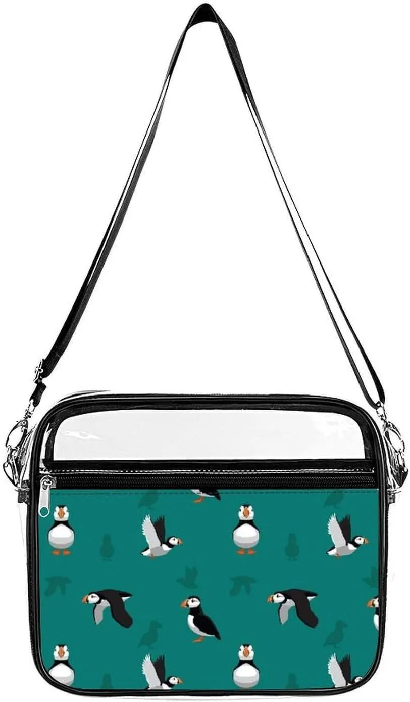 Atlantic Puffins Pattern Clear Crossbody Bag with Adjustable Shoulder Strap PVC Clear Purse Messenger Bag for Men Women