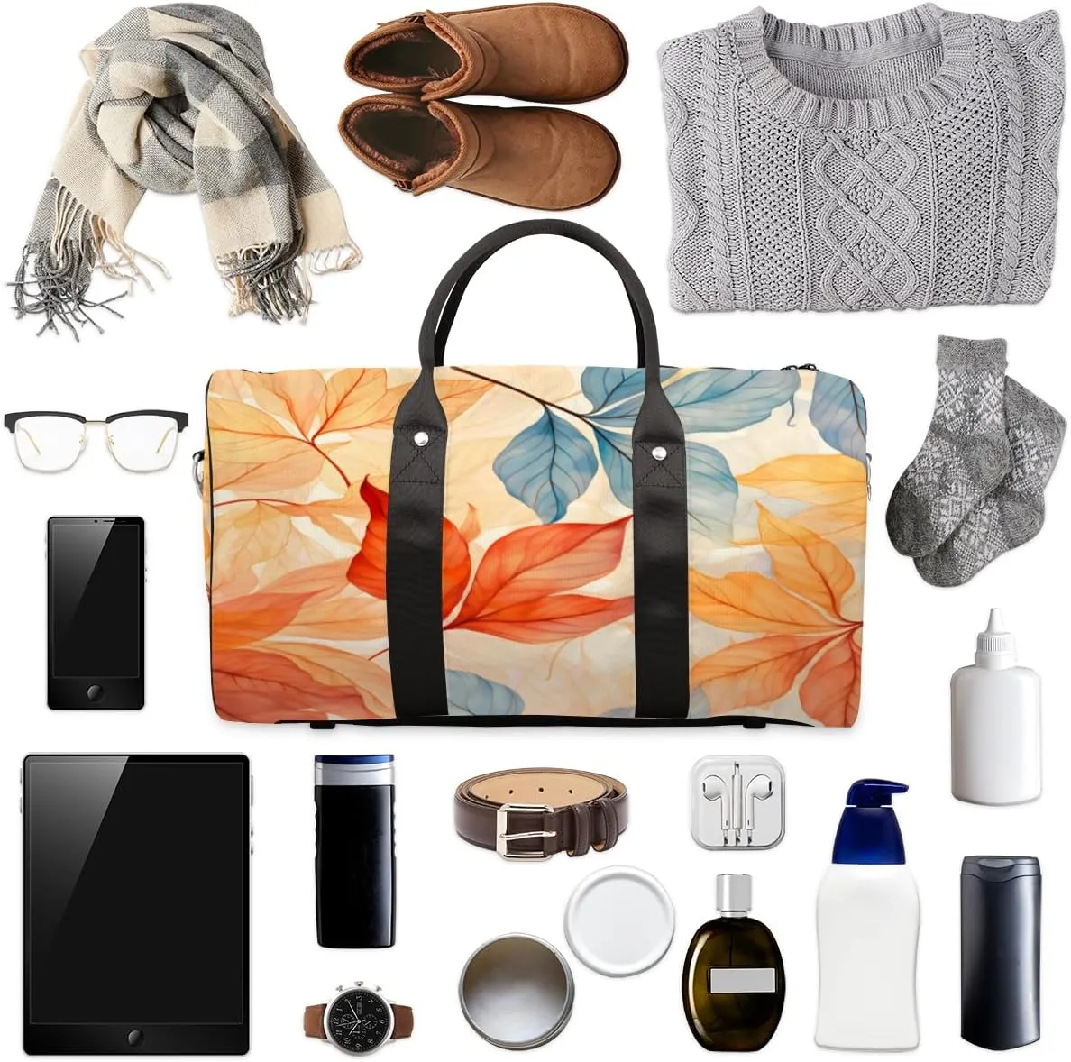 Autumn Fall Leaves Travel Duffle Bag, Sports Gym Bags for Women Men, Carry On Weekender Overnight Workout Airplane Trips Bag