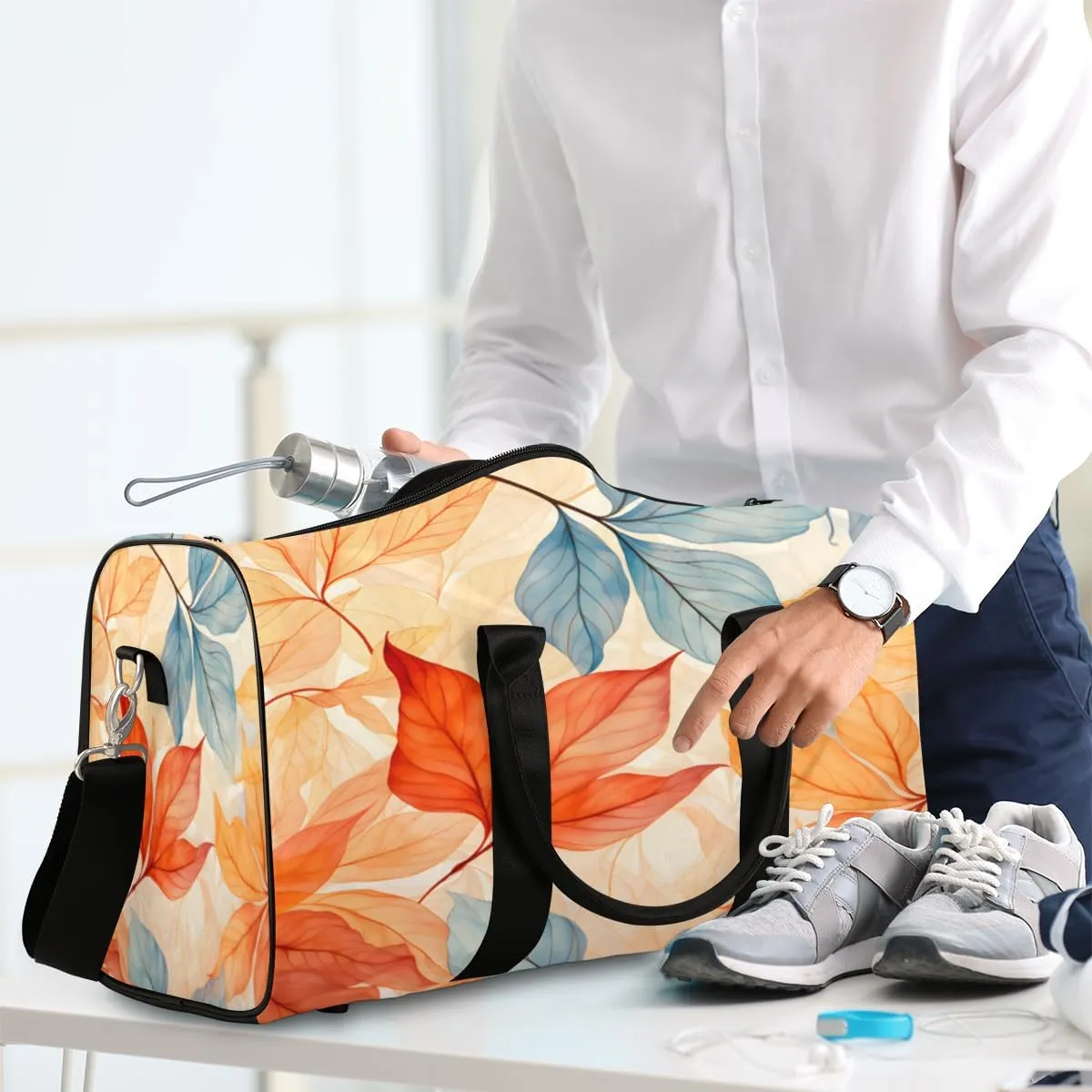 Autumn Fall Leaves Travel Duffle Bag, Sports Gym Bags for Women Men, Carry On Weekender Overnight Workout Airplane Trips Bag