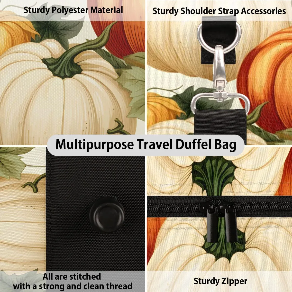 Autumn Pumpkins Vines Travel Duffel Bag for Women Men Waterproof Foldable Overnight Weekender Bag Large Capacity Sports Gym Bag