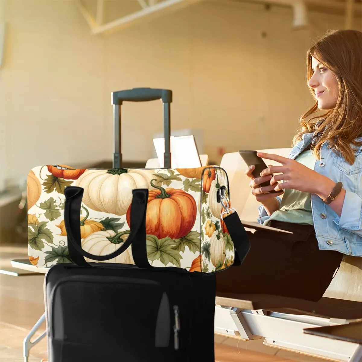 Autumn Pumpkins Vines Travel Duffel Bag for Women Men Waterproof Foldable Overnight Weekender Bag Large Capacity Sports Gym Bag