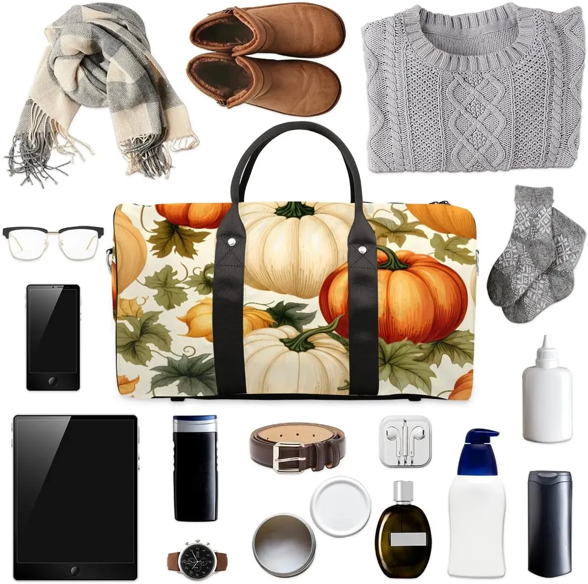 Autumn Pumpkins Vines Travel Duffel Bag for Women Men Waterproof Foldable Overnight Weekender Bag Large Capacity Sports Gym Bag