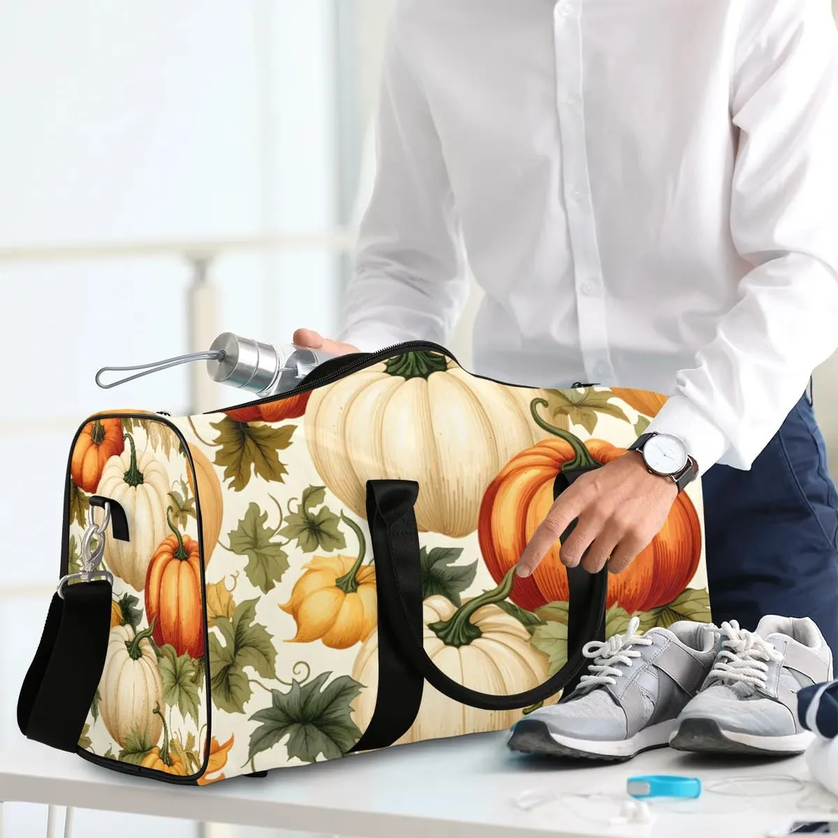 Autumn Pumpkins Vines Travel Duffel Bag for Women Men Waterproof Foldable Overnight Weekender Bag Large Capacity Sports Gym Bag